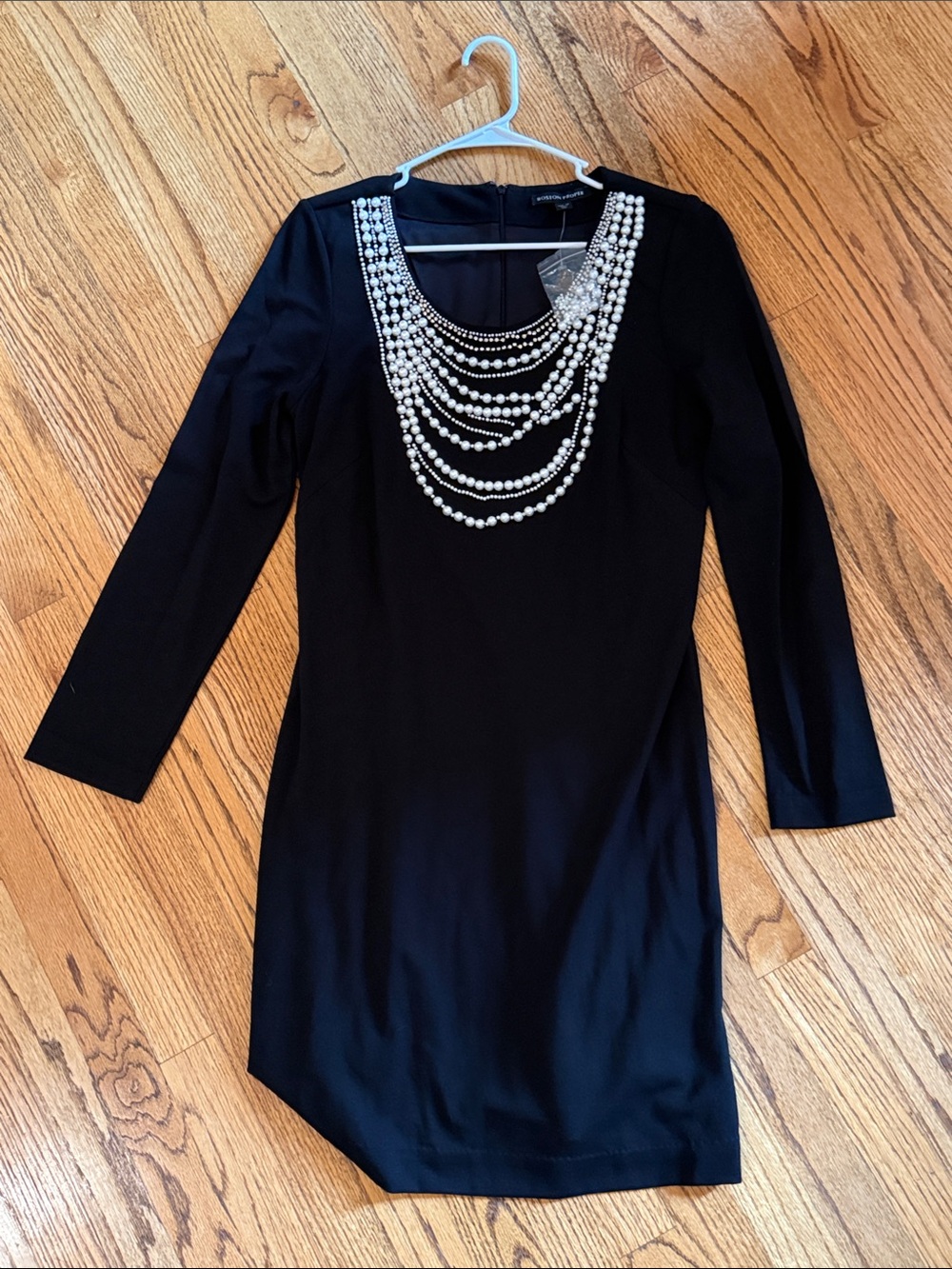 Boston Proper Black Long-Sleeve Dress with Pearl Necklace Embellishment